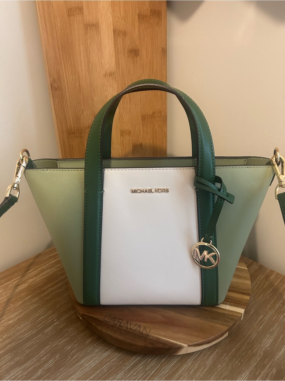 Michael Kors Green & White Colorblock Top-Handle Tote